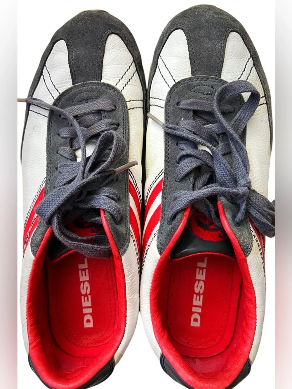 Diesel Men's White and Red Low-Profile Sneakers with Gray Accents